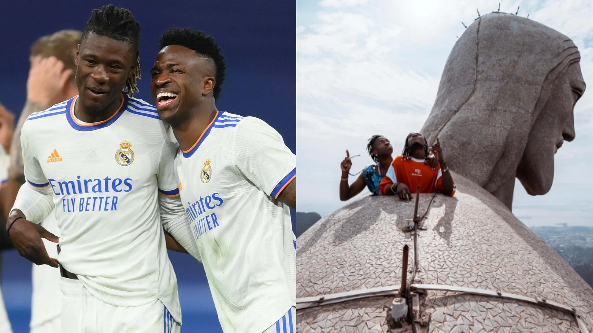 PERHATIKAN: Jangan melihat ke bawah! Rekan satu tim Real Madrid Vinicius Junior & Eduardo Camavinga tanpa rasa takut bernyanyi di samping patung Kristus Penebus - 700 meter di atas Rio de Janeiro