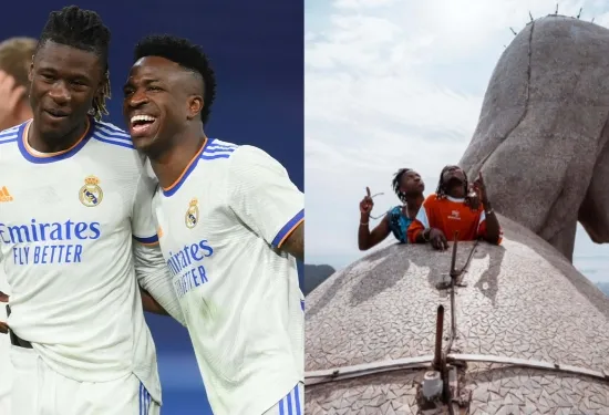 PERHATIKAN: Jangan melihat ke bawah! Rekan satu tim Real Madrid Vinicius Junior & Eduardo Camavinga tanpa rasa takut bernyanyi di samping patung Kristus Penebus - 700 meter di atas Rio de Janeiro